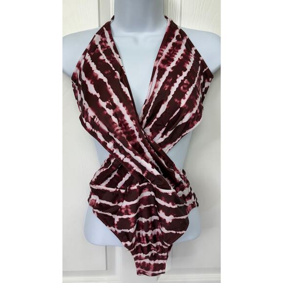 Amazon new small NWT red tie dye one piece halter tie back V Neck bathing suit - Picture 3 of 5
